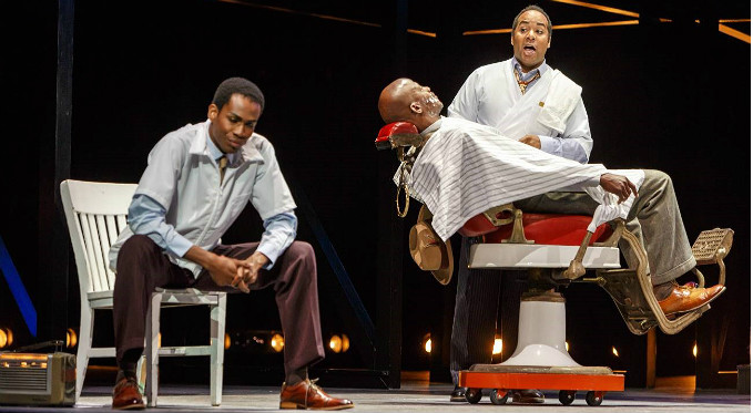 The Elder Barber (Norman Shankle) chides the Younger Barber (Phillip Gay) for not knowing more about Josh Gibson. Photo Credit: David Bachman Photography.