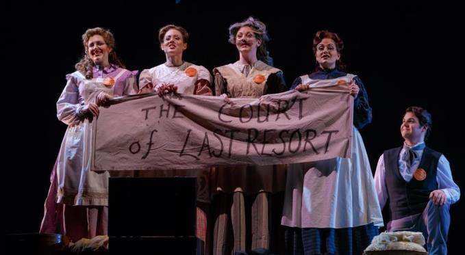 The four March sisters and their friend Laurie hold the ‘Court of Last Resort’; left to right- Amy (Claudia Rosenthal), Beth (Adelaide Boedecker), Jo (Corrie Stallings), Meg (Laurel Semerdjian), Laurie (Adam Bonanni) 