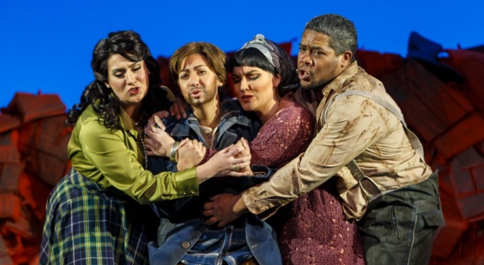 Elettra (Caitlin Gotimer), Idamante (Antonia Botti-Lodovico), Ilia (Ashley Fabian), and Idomeneo (Terrence Chin-Loy). Photo by David Bachman for Pittsburgh Opera.