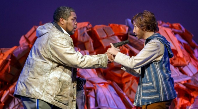 Idomeneo (Terrence Chin-Loy) confronts his son Idamante (Antonia Botti-Lodovico). Photo by David Bachman for Pittsburgh Opera.