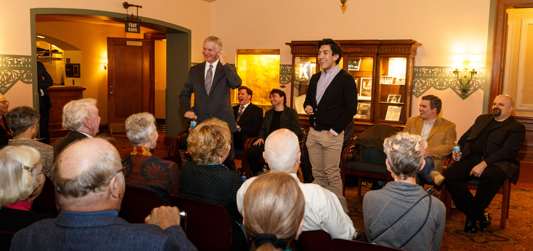 Sir Thomas Allen entertains not just the crowd, but also his fellow cast members at Pittsburgh Opera's Meet the Artists reception for Mozart's Così fan tutte, October 2015.