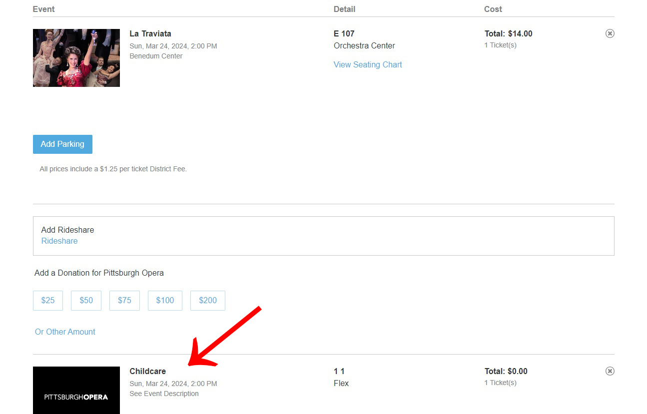 screenshot showing how to add childcare to your ticket purchase