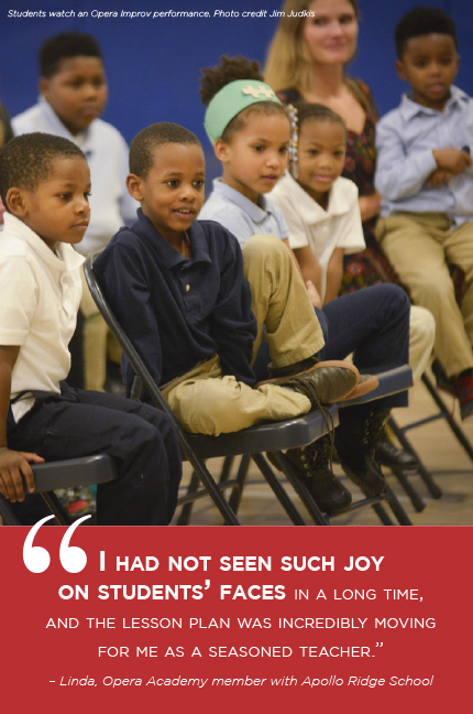 Young children sit in chairs and watch something. On the bottom of the picture is a quote that states 