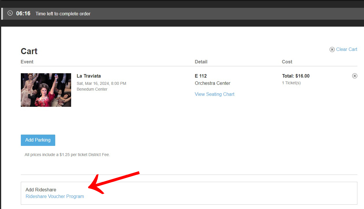 Screenshot showing “Rideshare Voucher Program” link in the “Add Rideshare” box