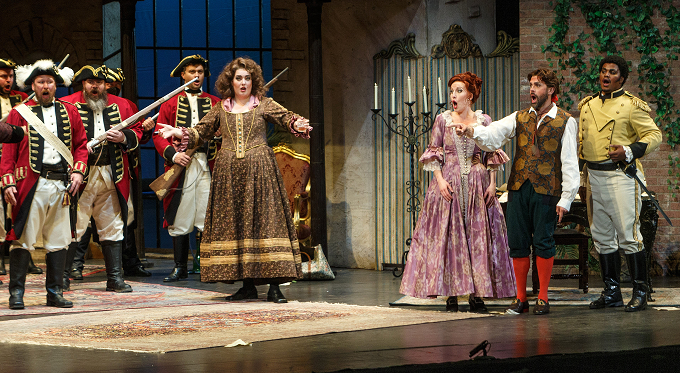 Soldiers (Pittsburgh Opera Choristers) with Berta (Emily Richter), Figaro (John Moore), Rosina (Stephanie Doche), Count Almaviva (Lunga Eric Hallam), Doctor Bartolo (Musa Ngqungwana), the Notary (Roy Simmons) (photo credit: David Bachman, opening night)