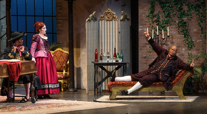 Doctor Bartolo (Musa Ngqungwana), Rosina (Stephanie Doche), Count Almaviva (Lunga Eric Hallam) (photo credit: David Bachman, opening night)