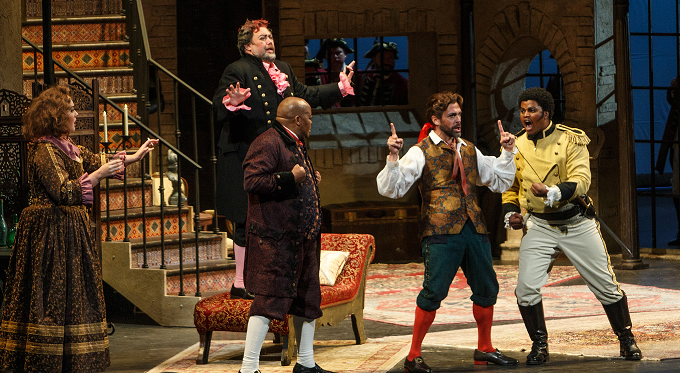 Berta (Emily Richter), Don Basilio (Brian Kontes, rear), Doctor Bartolo (Musa Ngqungwana), Figaro (John Moore), Count Almaviva (Lunga Eric Hallam) (photo credit: David Bachman, opening night)