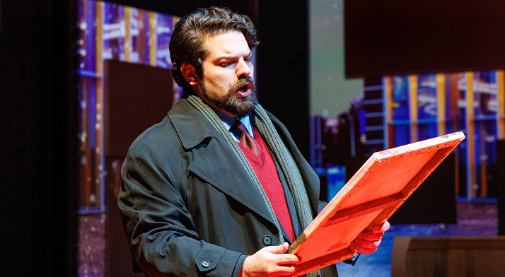 Matthew Soibelman as the Inspector in the world premiere of Woman with Eyes Closed (photo credit: David Bachman)