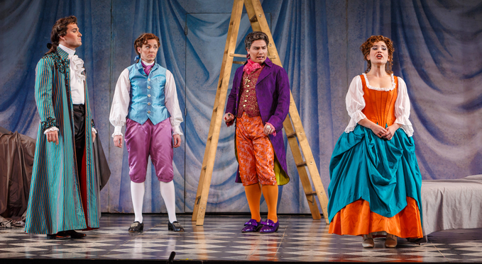 From the left: Count Alamaviva (Christian Bowers), Cherubino (Corrie Stallings), Don Basilio (Eric Ferring), and Susanna (Joelle Harvey) have a tense moment.