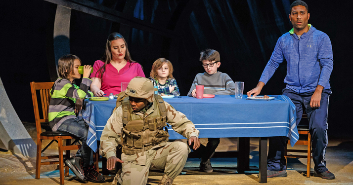 Brian (Ben Taylor) has a flashback as his family; Jessie (Leah de Gruyl) Virgil, Martin, and Samuel (Simon Nigam, Harrison Salvi, River Beckas) eat a meal.