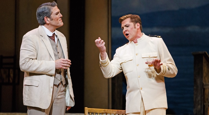 American Consul Sharpless (Michael Mayes) listens to Lt. B.F Pinkerton (Cody Austin) extol the virtues of living as a wandering Yankee. Photo by David Bachman for Pittsburgh Opera.