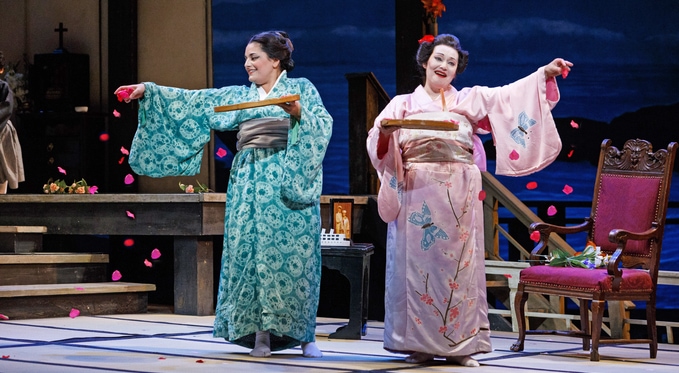 Cio-Cio San (Dina Kuznetsova) and her maid Suzuki (Laurel Semerdjian) prepare the house for Pinkerton's return. Photo by David Bachman for Pittsburgh Opera.